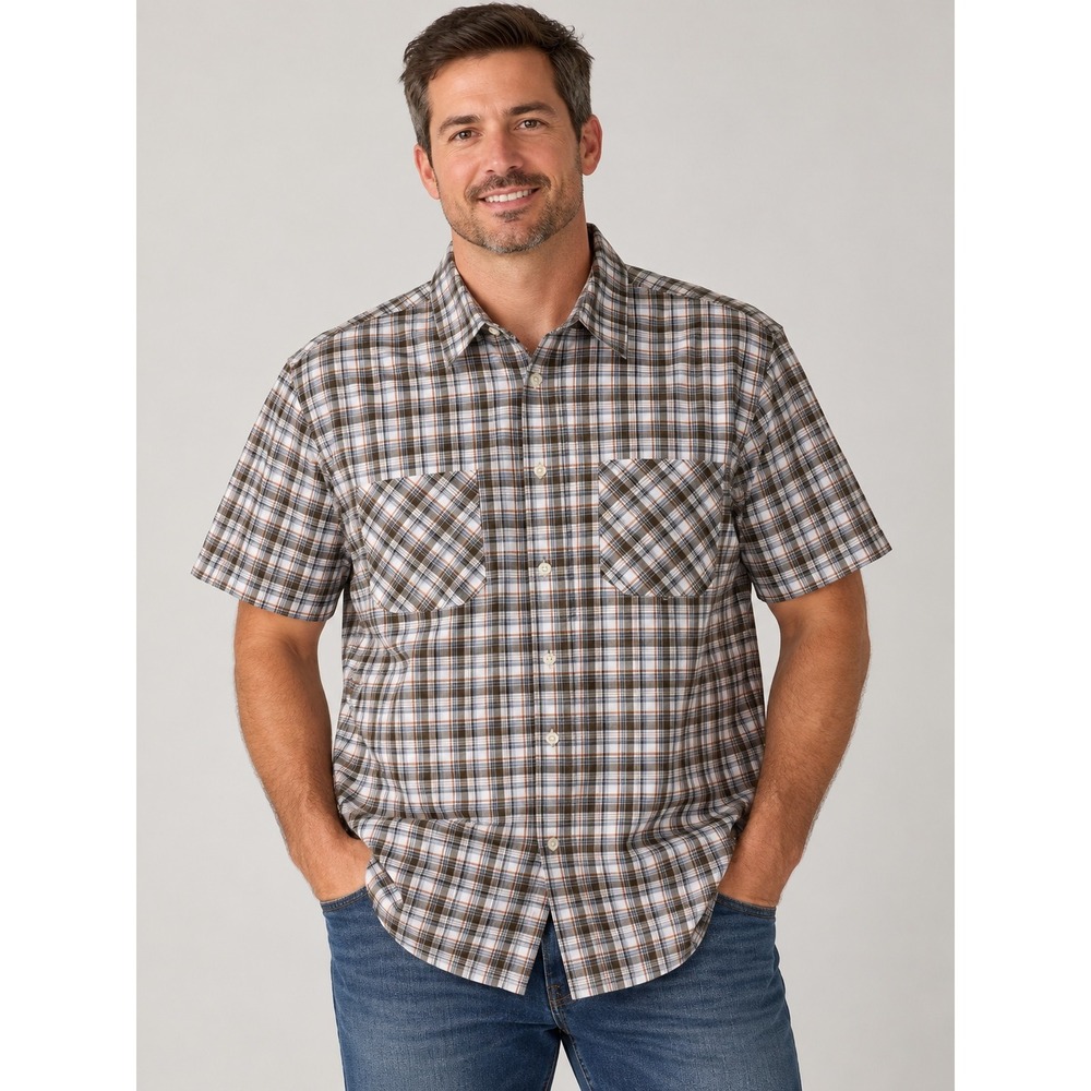 Carhartt Mens Large Tall Plaid Short Sleeve Button Down Shirt Brown White Cotton